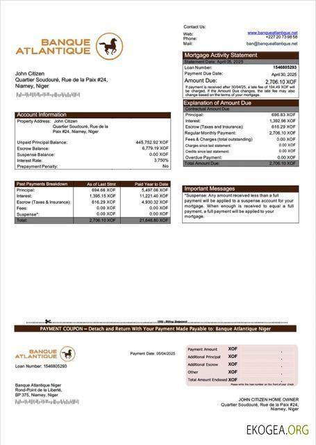 Niger Banque Atlantique Relevé hypothécaire du Niger Modèle Word et PDF